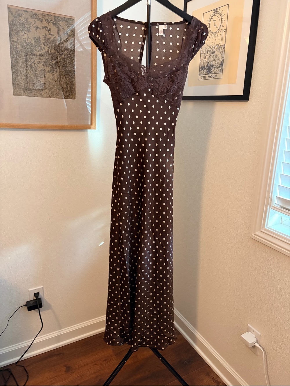 Brown Polka Dot Maxi Dress with Lace Trim